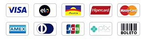 Visa, Elo, Aura, Hipercard, Mastercard, American Express, Diners, JCB, Pix e boleto
